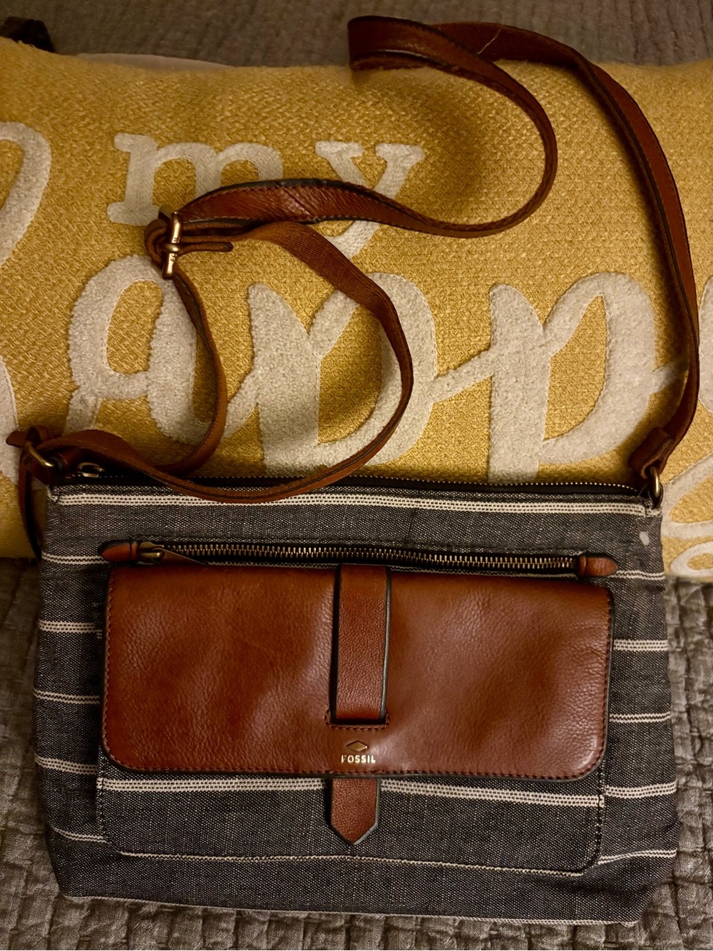 Fossil Denim Stripped Canvas Crossbody Purse w/Brown Leather-Trim